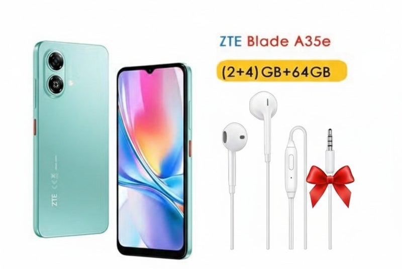 ZTE Mobile Blade A35e Dual SIM Ice Green 2GB+4GB RAM 64GB 4G - Middle East Version & Riversong MelodyJ+ EA159 Wired Earphones with 3.5mm Audio Jack – Very Deep Bass, High Fidelity Stereo Sound, Built-in Microphone, Noise Reduction, Inline Remote Control – White Bundle - Image 1
